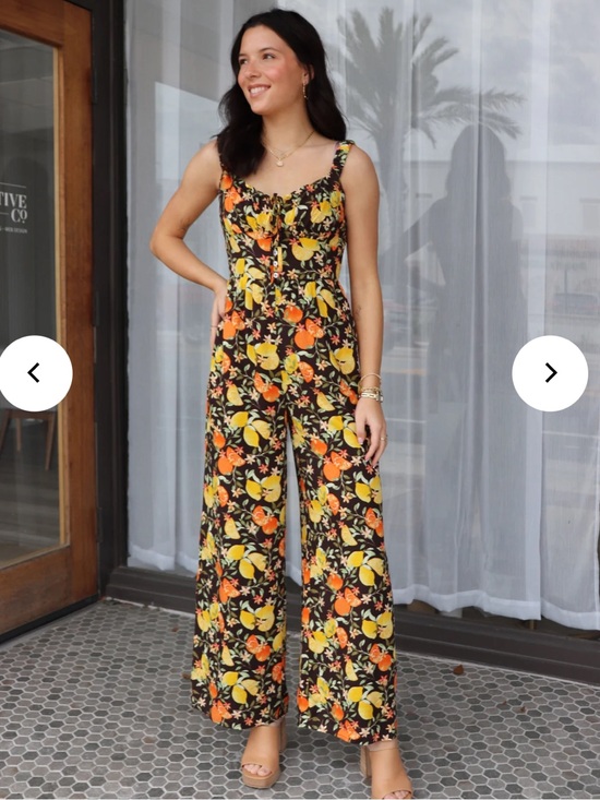 Sadie & Sage Pants - Sadie & Sage Black Jumpsuit with Orange & Yellow Floral Print